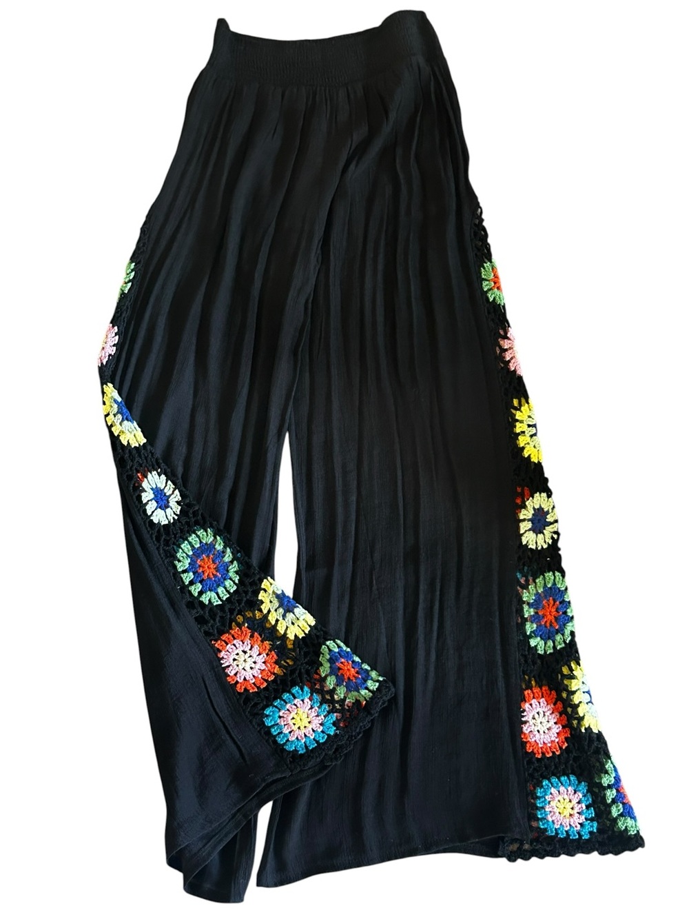 Elan Black Wide-Leg Pants with Vibrant Multicolor Crochet Panels NWT - Picture 2 of 11